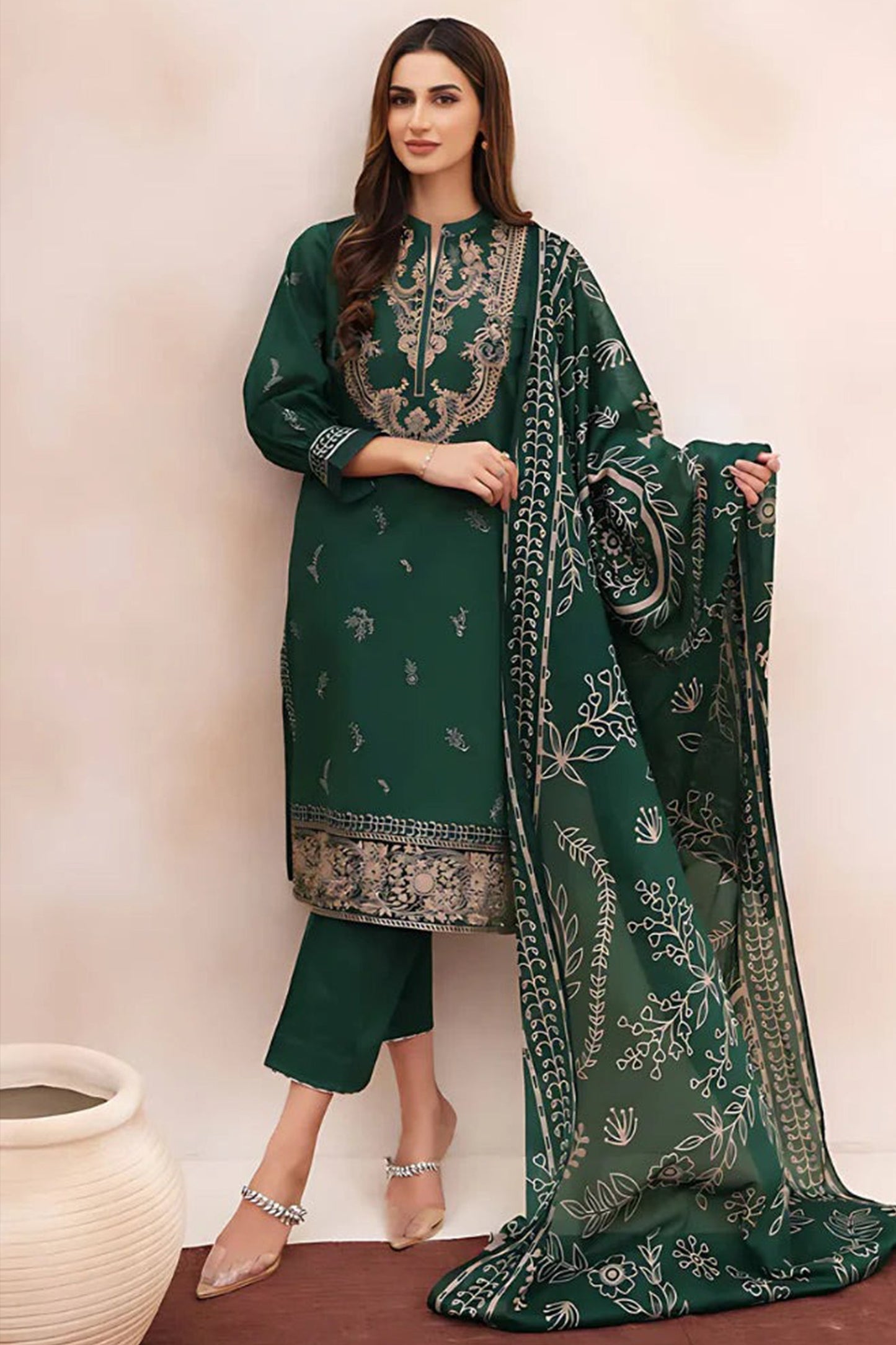 CF938-WINTER 3PC Dhanak Embroidered suit with Printed Shawll