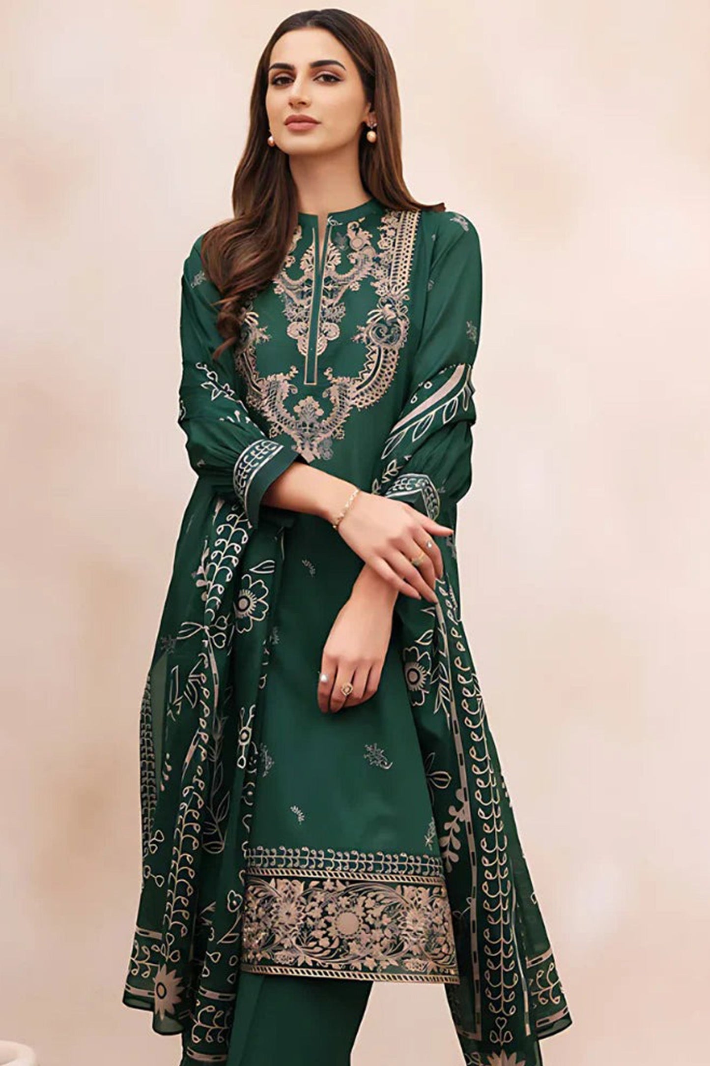 CF938-WINTER 3PC Dhanak Embroidered suit with Printed Shawll