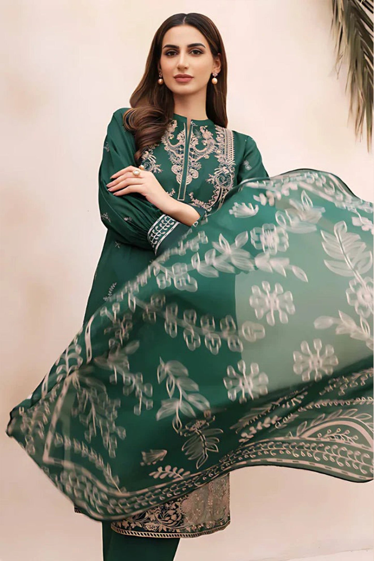 CF938-WINTER 3PC Dhanak Embroidered suit with Printed Shawll