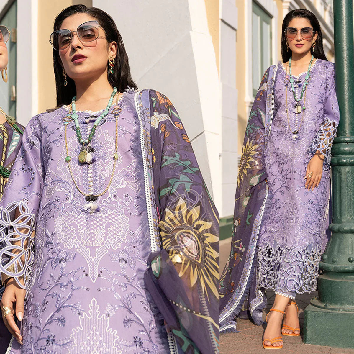 CF132-3 Piece Unstitched Heavy Embroidered Lawn Suit With Digital Printed Silk Dupatta