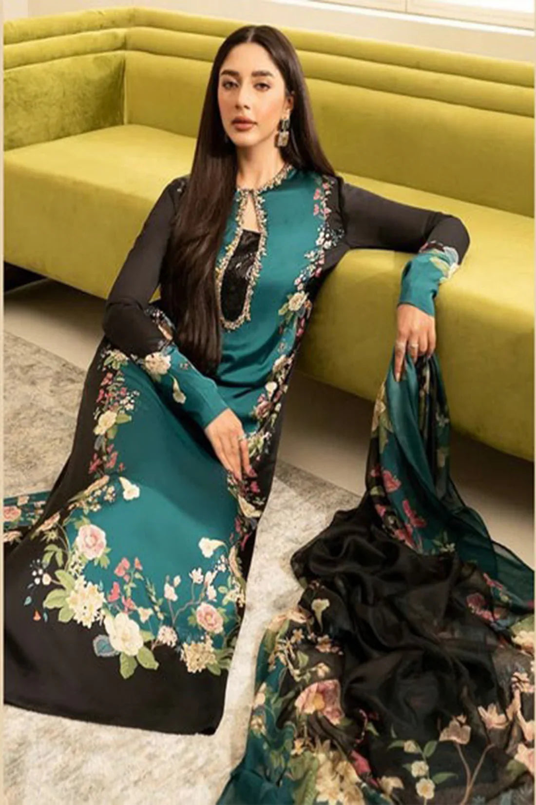 CF828-3PC-WINTER Unstitched shamoz  silk fabric in floral print.