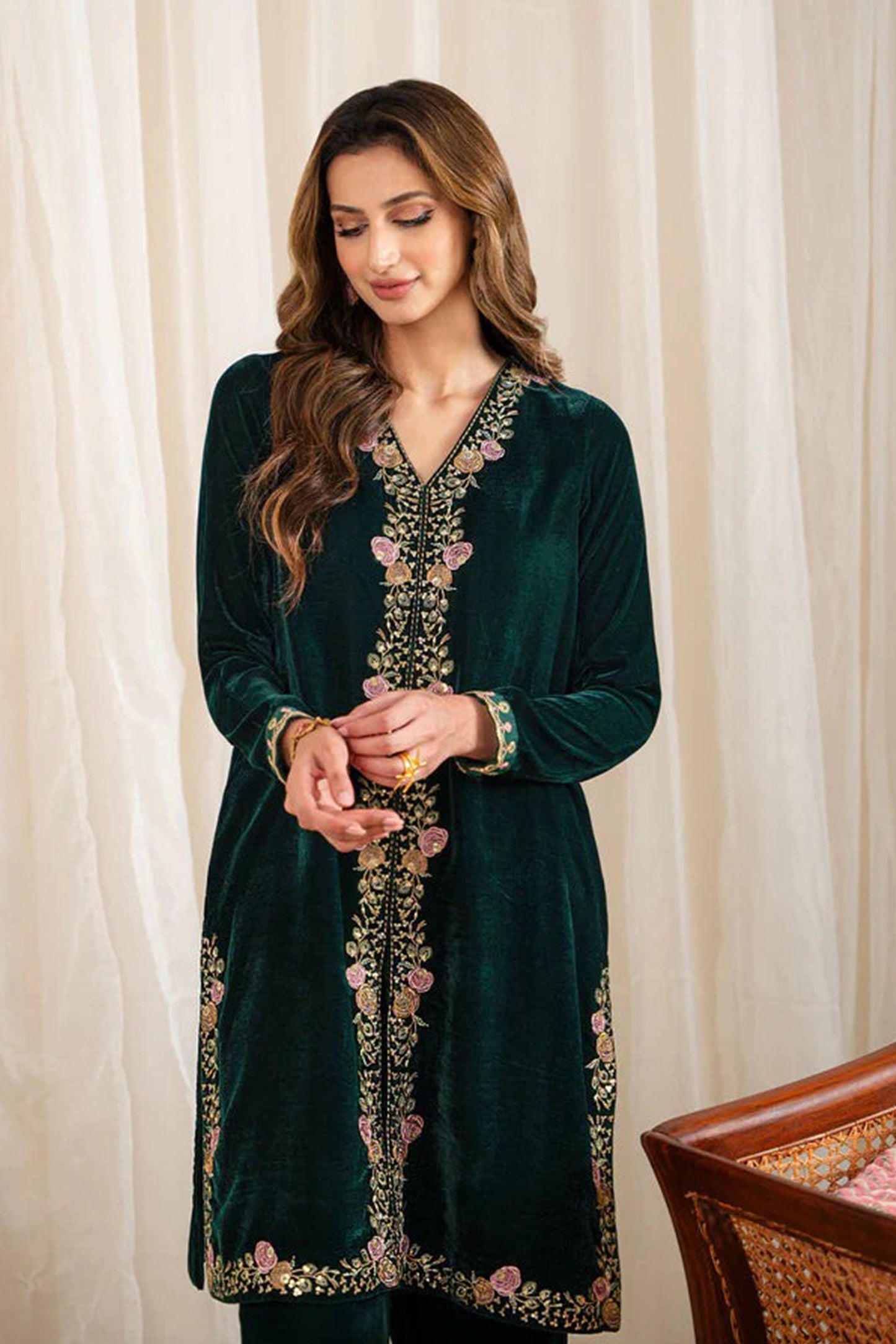 CF630-WINTER Velvet Embroidered Dress With Organza embroidered Dopata