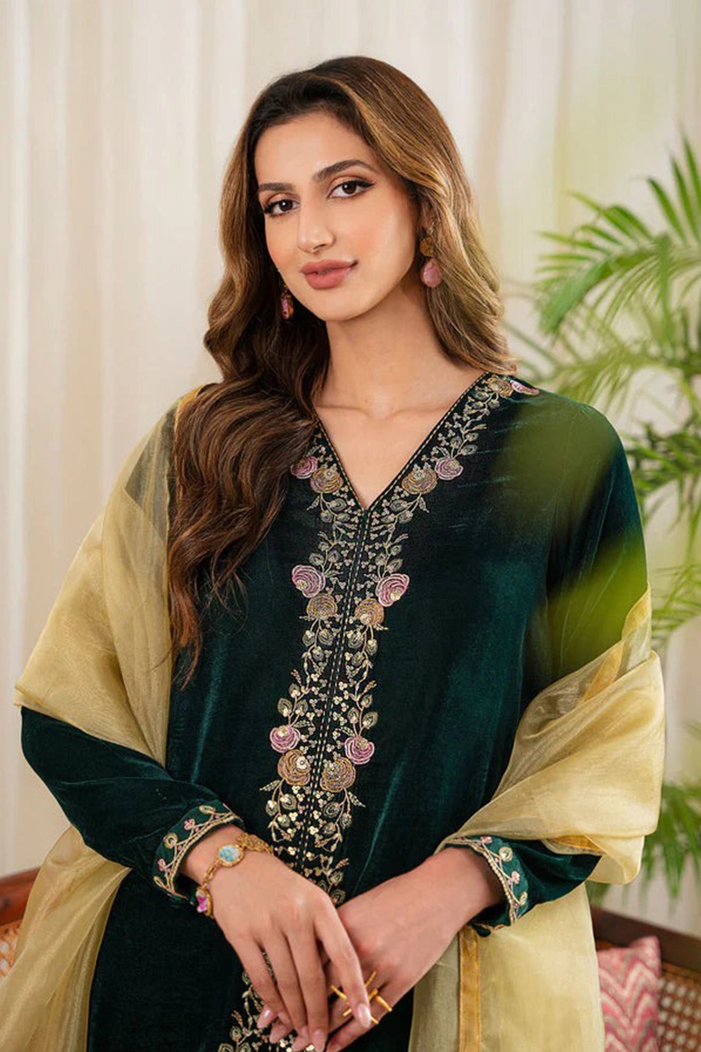 CF630-WINTER Velvet Embroidered Dress With Organza embroidered Dopata