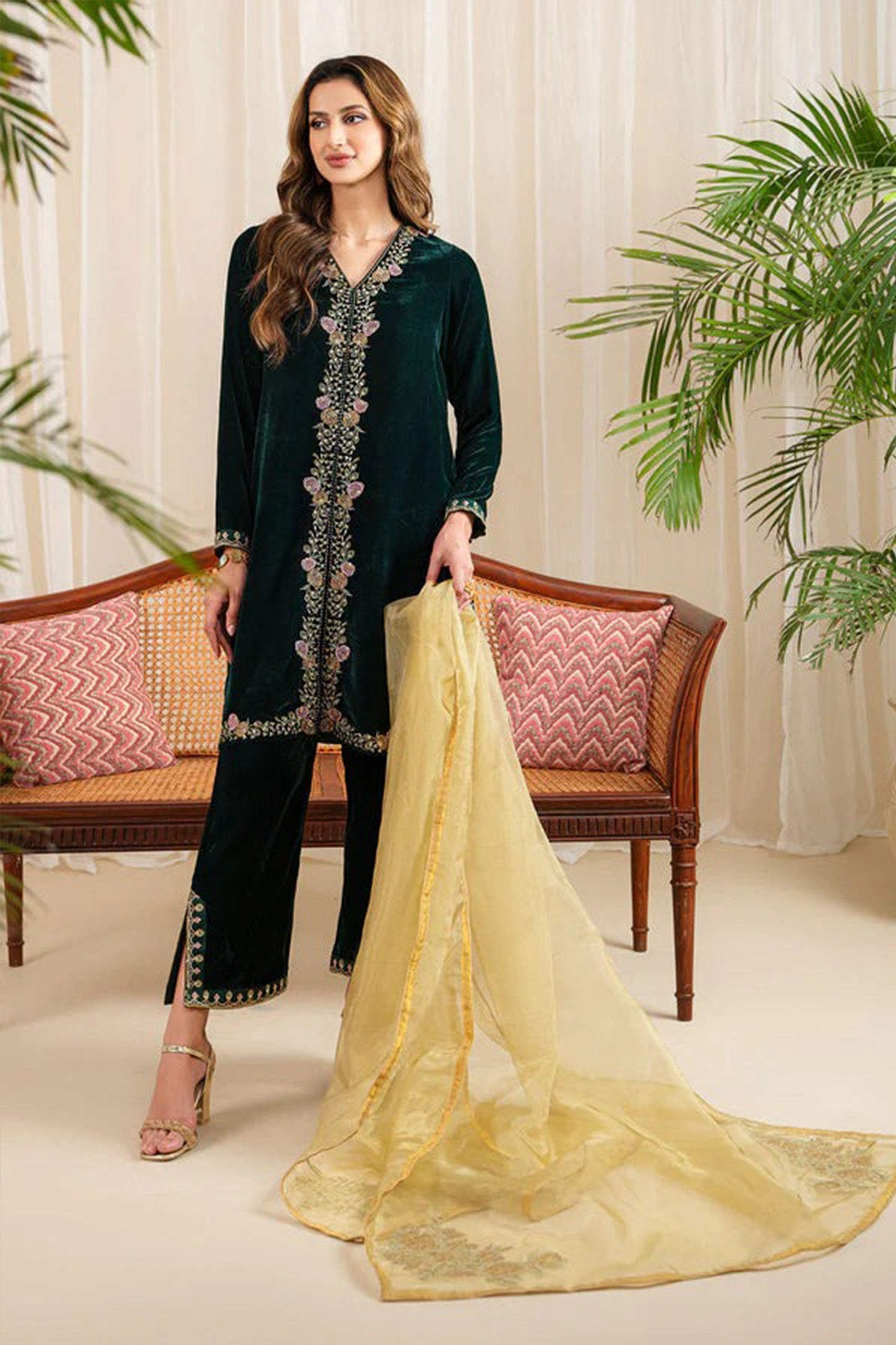 CF630-WINTER Velvet Embroidered Dress With Organza embroidered Dopata