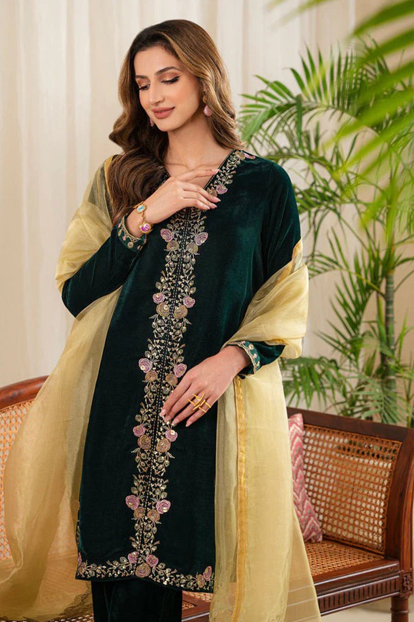 CF630-WINTER Velvet Embroidered Dress With Organza embroidered Dopata