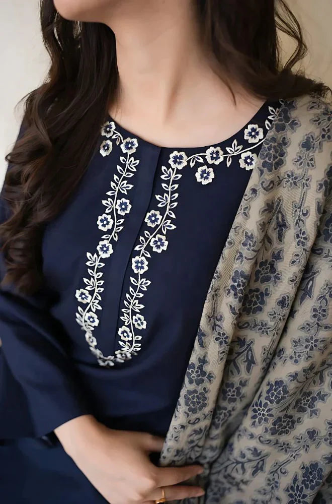CF627-Asling 3PC Dhanak Embroidered suit with Printed Shawll