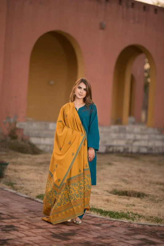 CF554-3 Piece Dhanak Suit with digital printed wool shawll