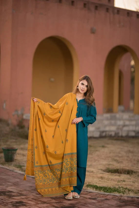 CF554-3 Piece Dhanak Suit with digital printed wool shawll