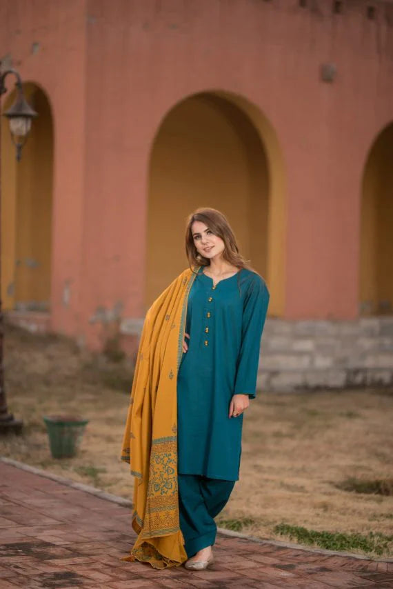 CF554-3 Piece Dhanak Suit with digital printed wool shawll