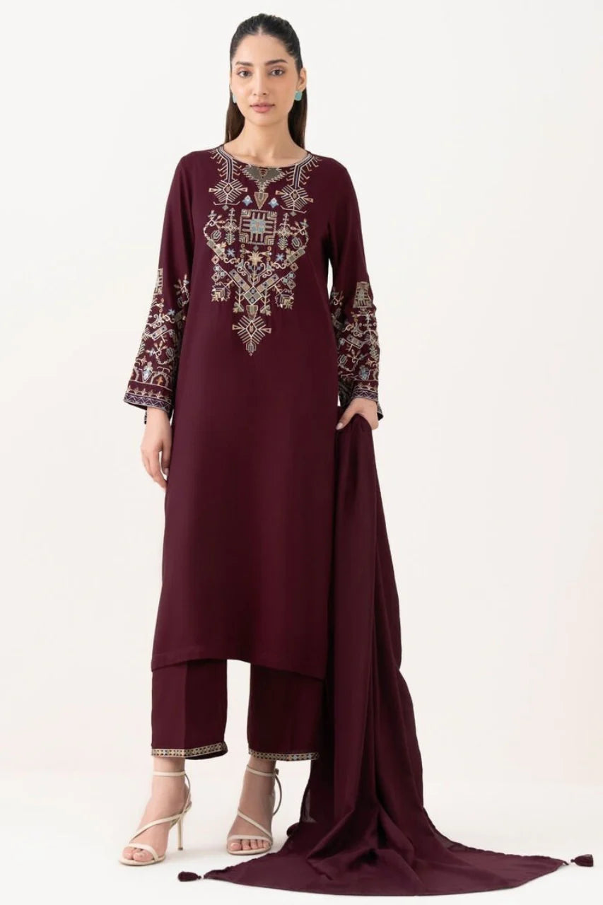 CF1241 UNSTITCHED WINTER BATIK-3PC DHANAK EMBROIDERED SHIRT WITH SHAWL & TROUSER-