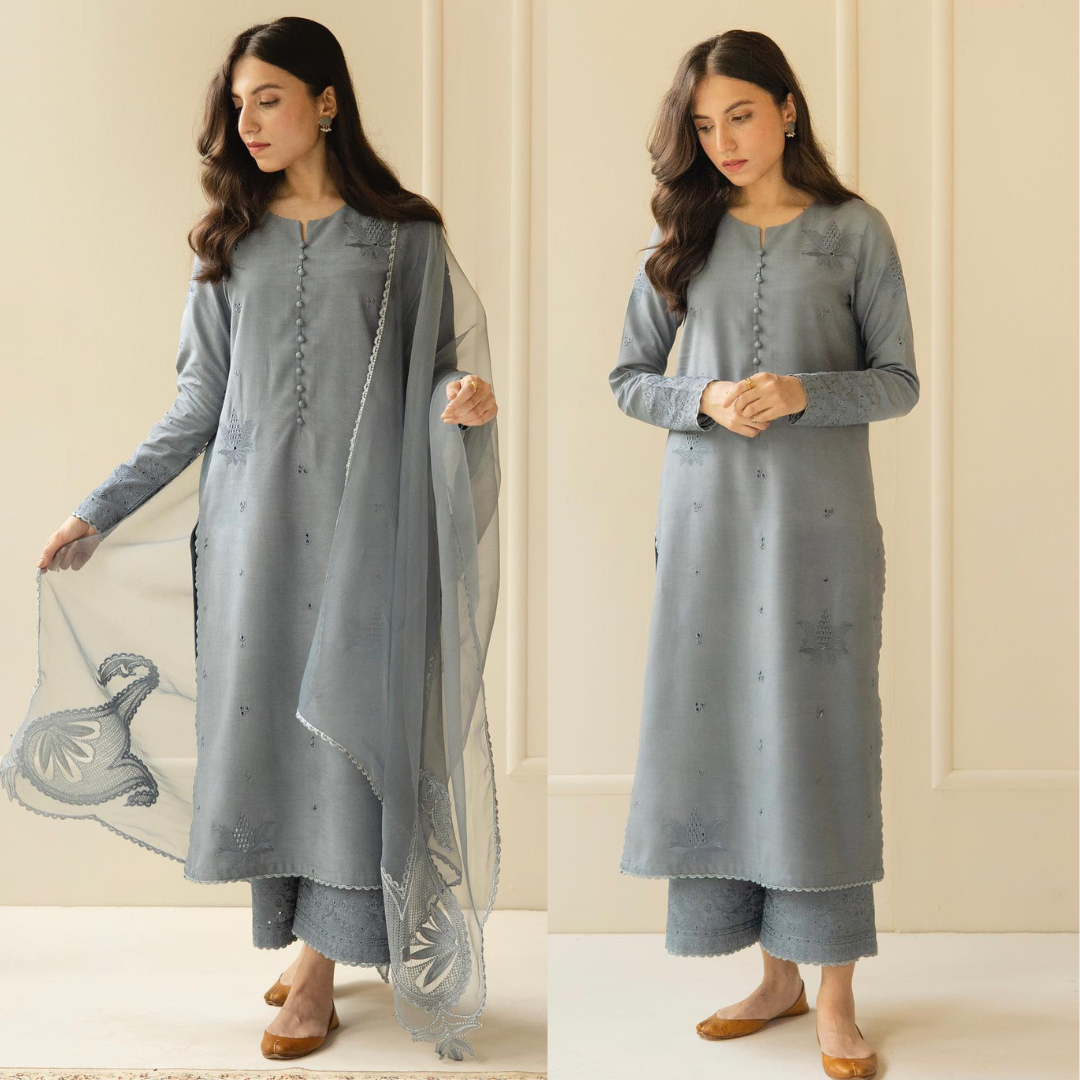 CF730-SUMMER 3PC Lawn Embroidered Shirt With Organza Embroidered Dupatta