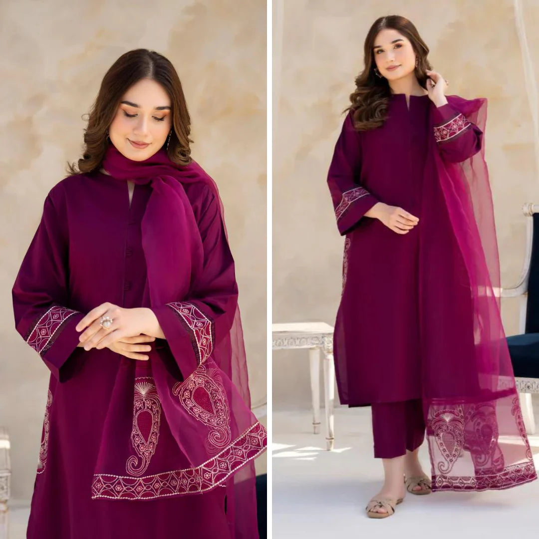 Zoniya CF763-SUMMER 3PC Lawn Embroidered Shirt With Organza Embroidered Dupatta