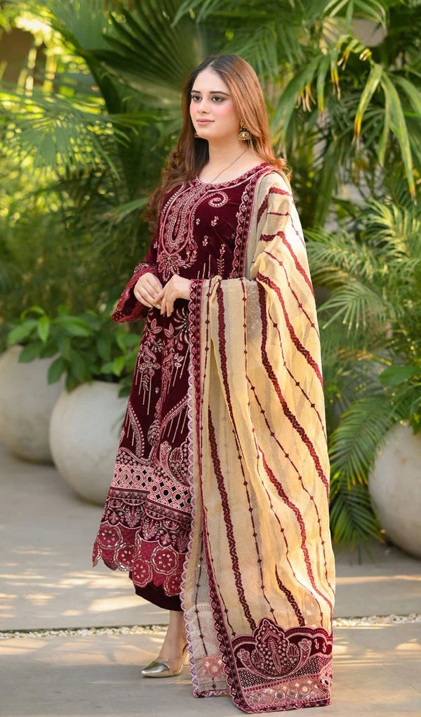 CF1240 Winter Embroidered Velvet Dress With Organza embroidered Dopata
