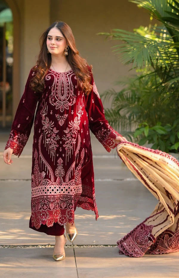 CF1240 Winter Embroidered Velvet Dress With Organza embroidered Dopata