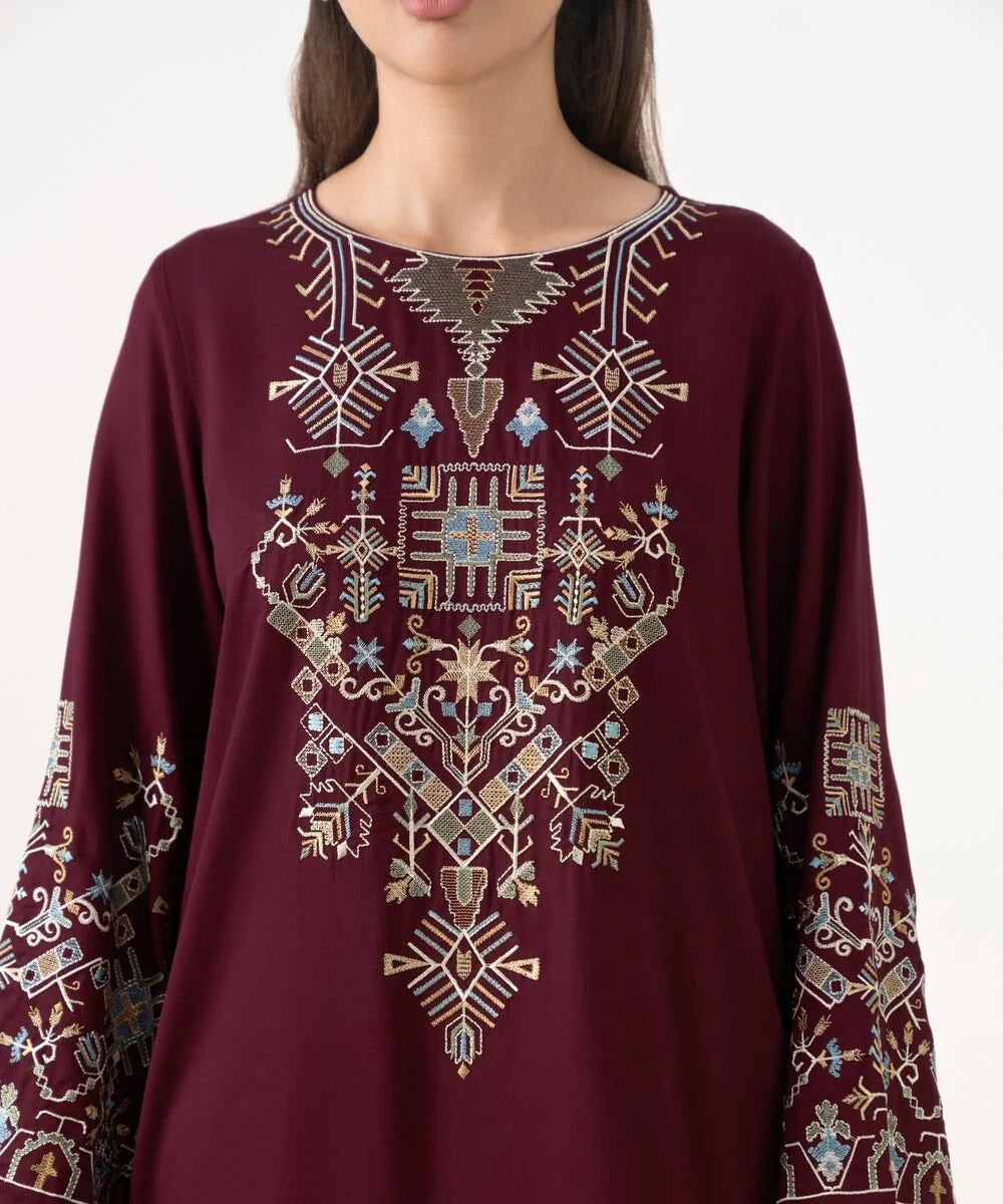 CF1241 UNSTITCHED WINTER BATIK-3PC DHANAK EMBROIDERED SHIRT WITH SHAWL & TROUSER-