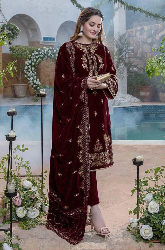 CF401 -WINTER Embroidered Velvet Three piece With Velvet Shawl Winter Collection