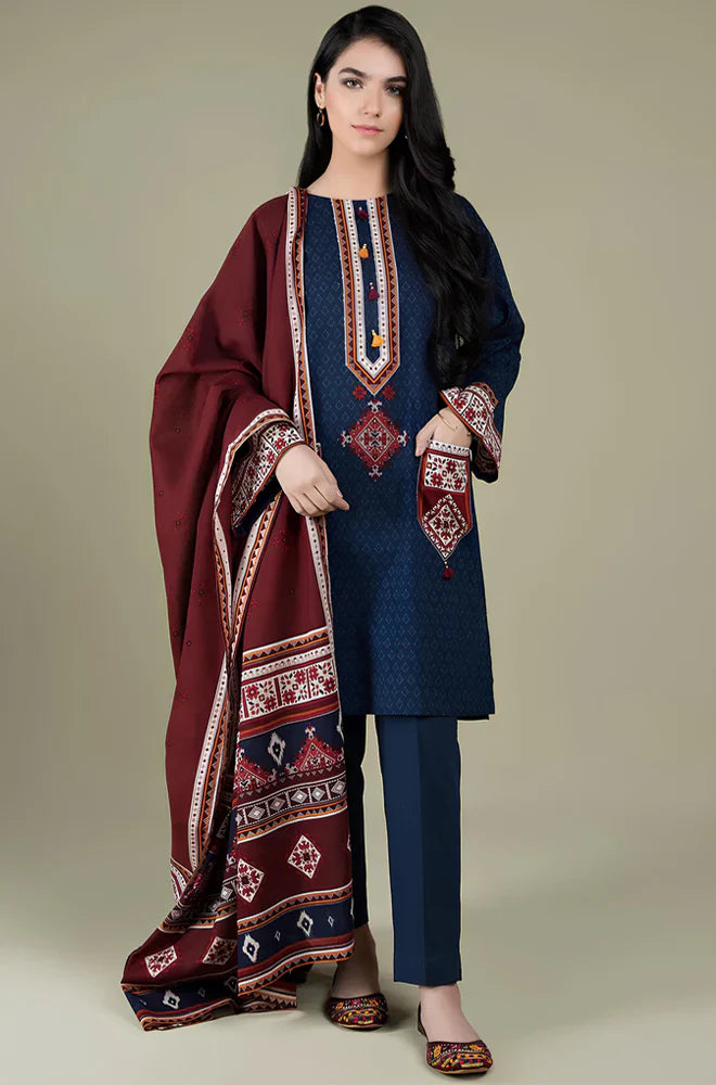 CF416-WINTER  3PC Linen Embroidered suit with  Printed Shawll