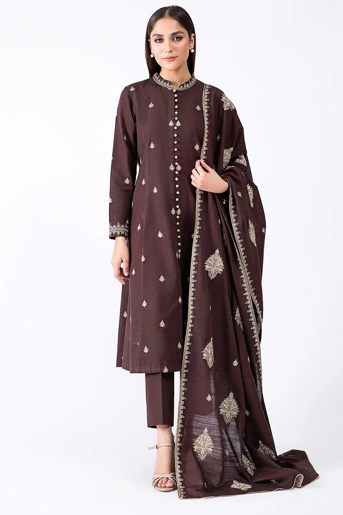 CF604-Winter 3-Pc Embroidered Dhanak Suit with Heavy Embroidered Dhanak Shawll