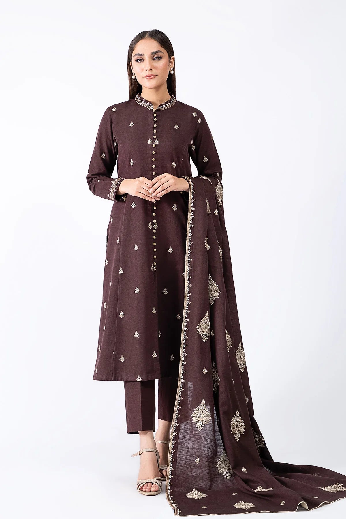 CF604-Winter 3-Pc Embroidered Dhanak Suit with Heavy Embroidered Dhanak Shawll