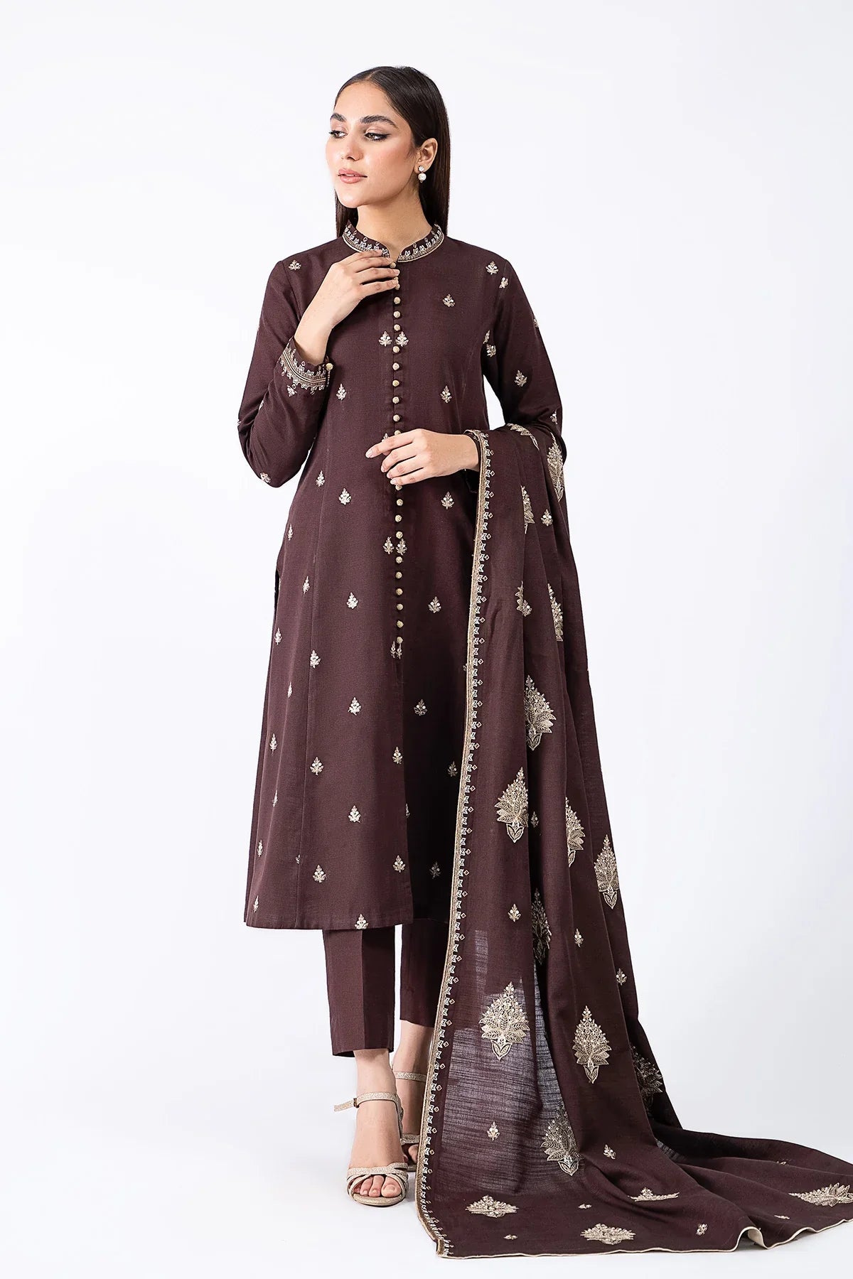 CF604-Winter 3-Pc Embroidered Dhanak Suit with Heavy Embroidered Dhanak Shawll